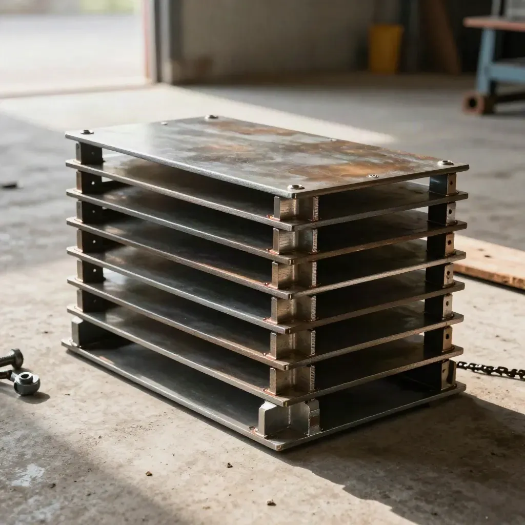 Heavy steel brackets and a support frame stacked on a concrete pad in warm workshop light.