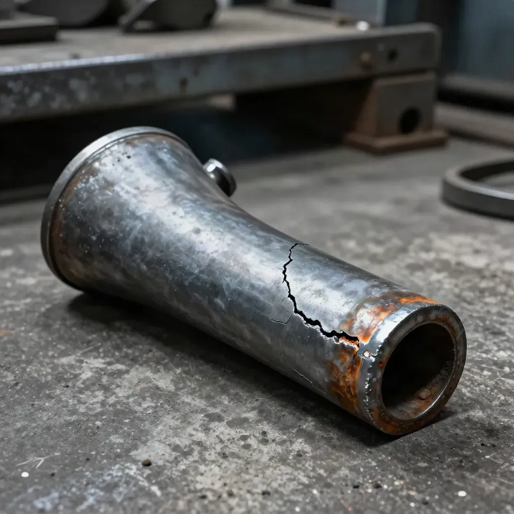 Repaired steel arm beside the rusted broken piece on a concrete repair bay, lit by a dramatic rim light.