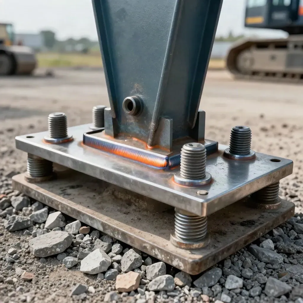 Close-up of a repaired crane base plate with fresh welds, bolts, and gravel yard texture.
