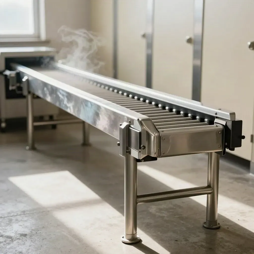 Stainless steel guards enclosing a moving food conveyor in a bright plant with steam