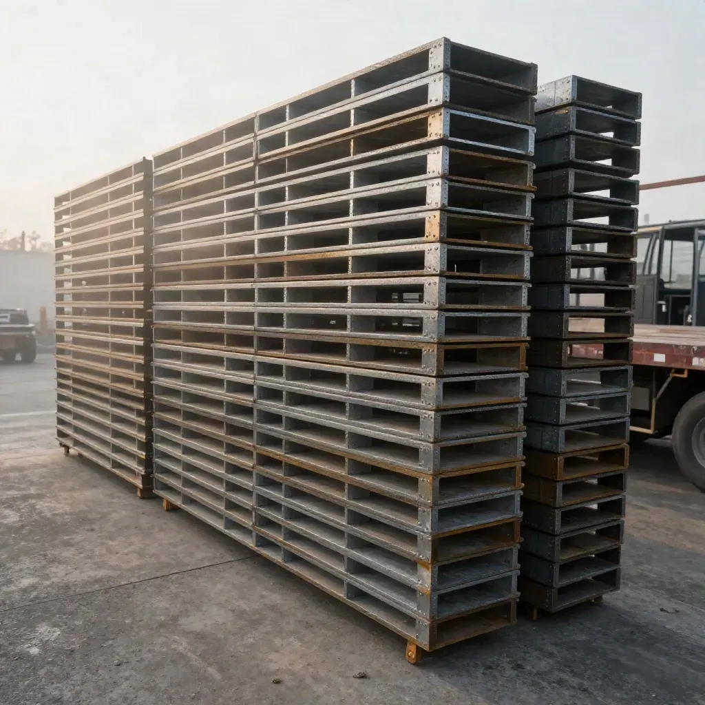 Gunmetal steel rack frames stacked on a misty truck yard pad, ready for fast loading.