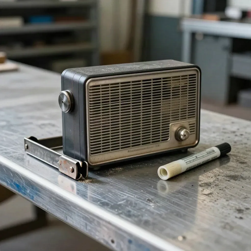Weathered shop radio, magnetic clamp, and marker on a dusty steel bench