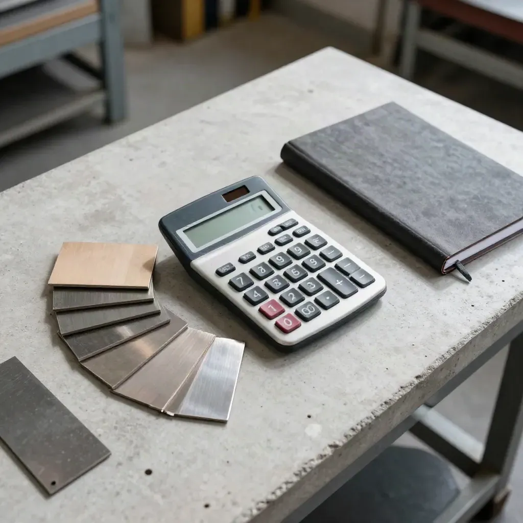 Overhead calculator, steel sample chips, and a closed notebook on pale concrete.