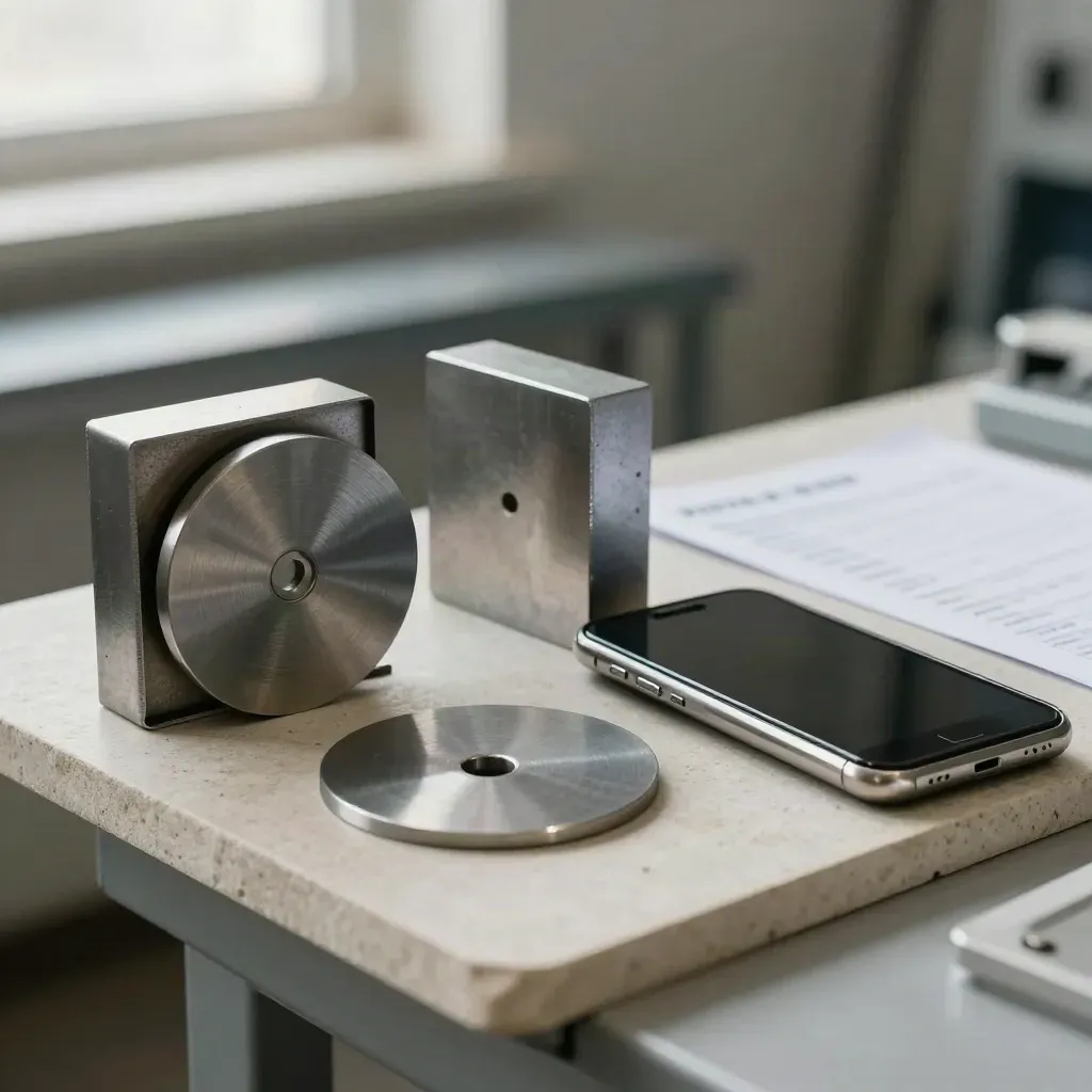Steel coupons, tally discs, and a face-down phone on a pale stone shelf