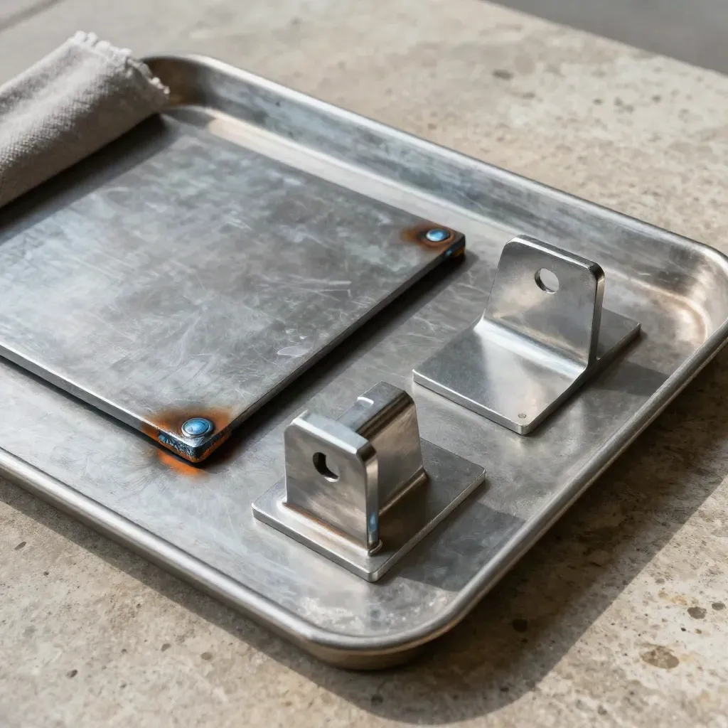 Steel fabrication stages on a tray: cut plate, tack-welded corner, finished bracket.