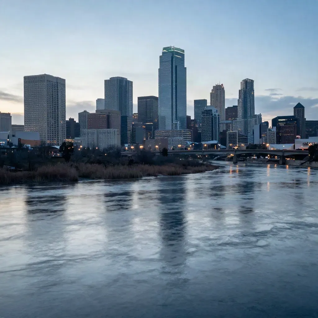 Dallas skyline glows above the Trinity River at blue hour in soft haze