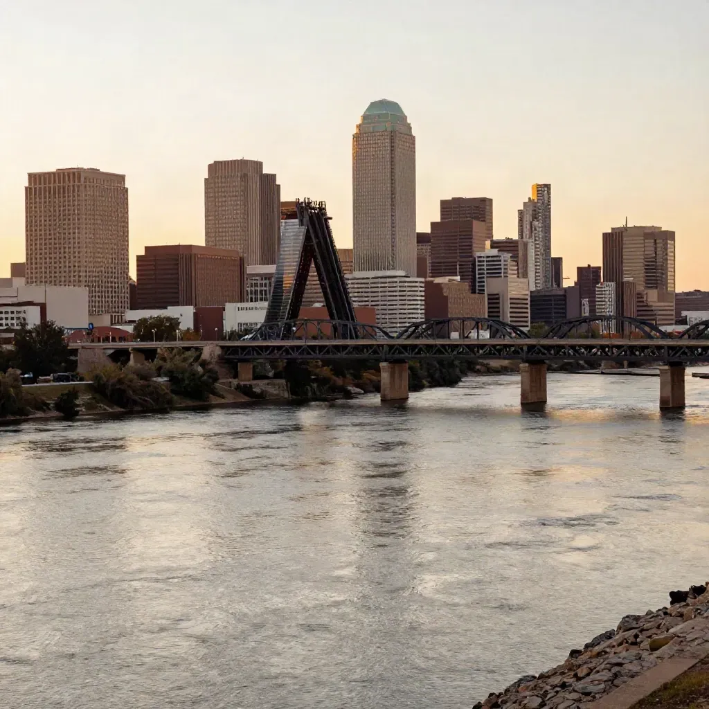 Tarrant County skyline and bridge at golden sunset over a calm Fort Worth riverbend.