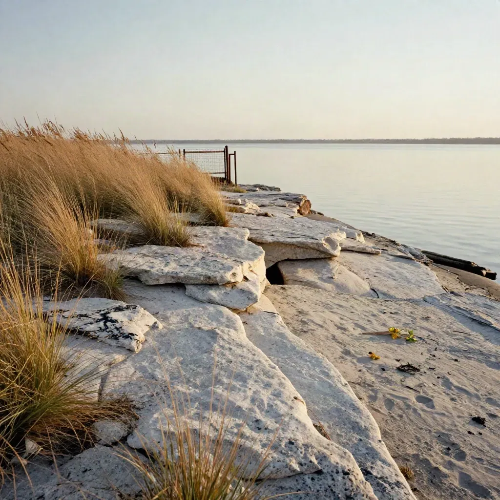 Limestone shore, tall prairie grass, and a hazy lake horizon at sunset in Denton County.