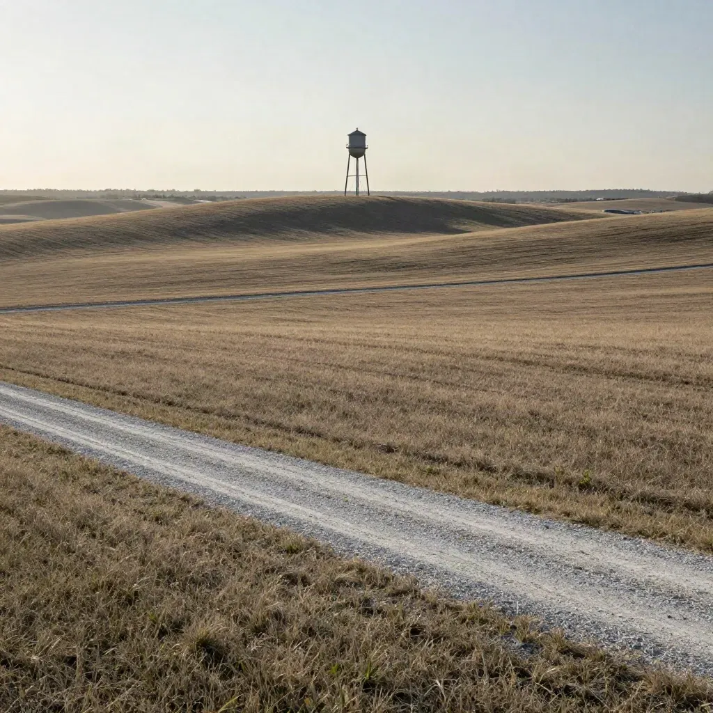Late-day Collin County pasture with a distant water tower over a hazy horizon.